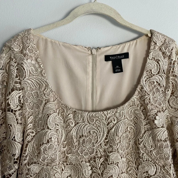 WHITE House Black  Market Champagne Lace 3/4 Sleeve Scoop Neck Dress Size 10 - Picture 5 of 8